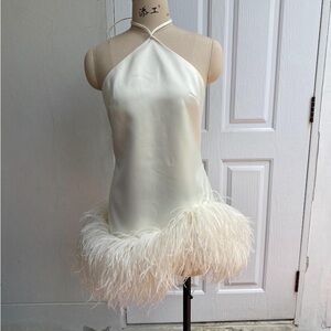 Ivory Satin Halter Mini Dress with Feather Hem